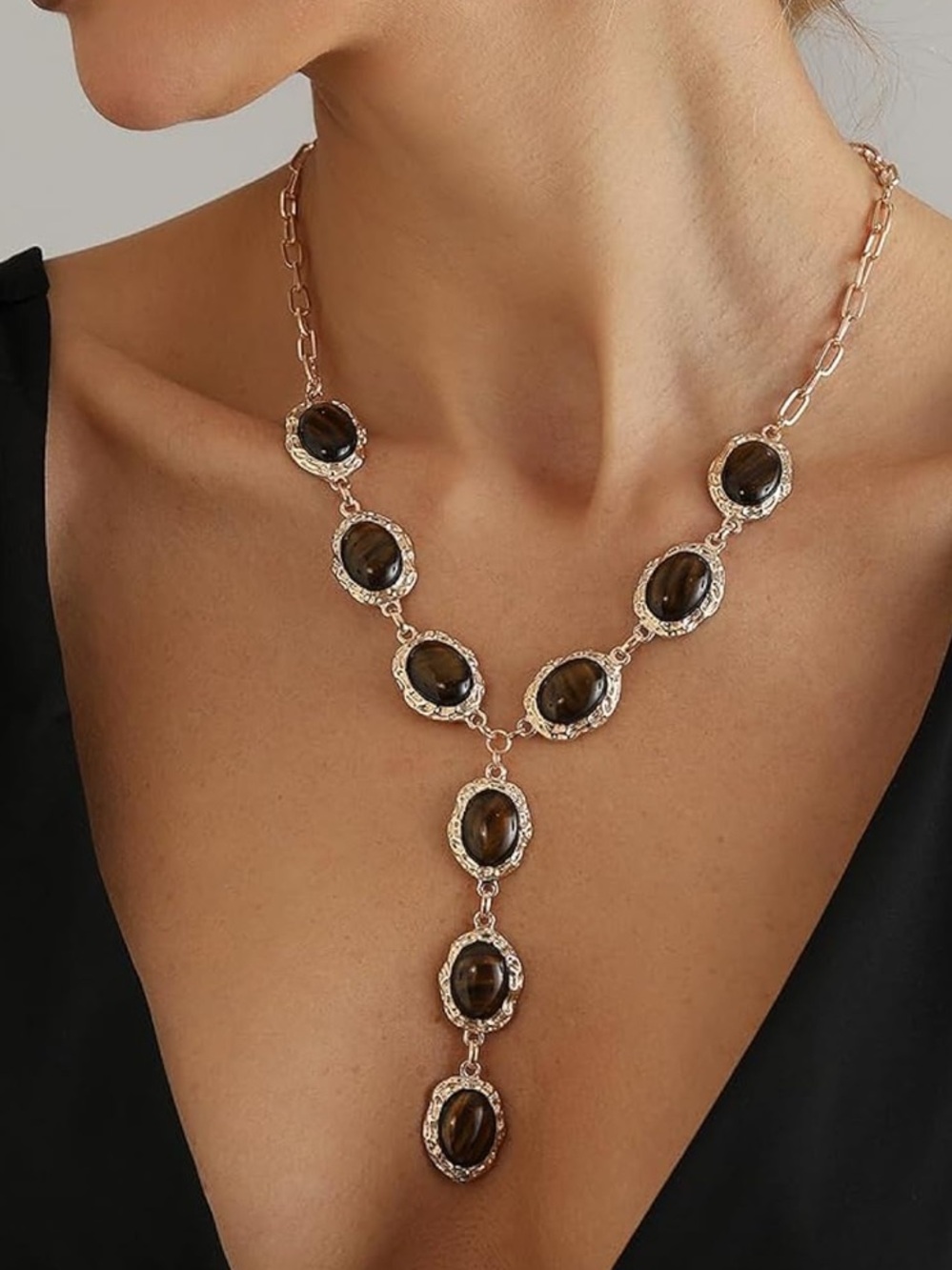 Anthropologie Gold-Tone Necklace with Brown Oval Stones